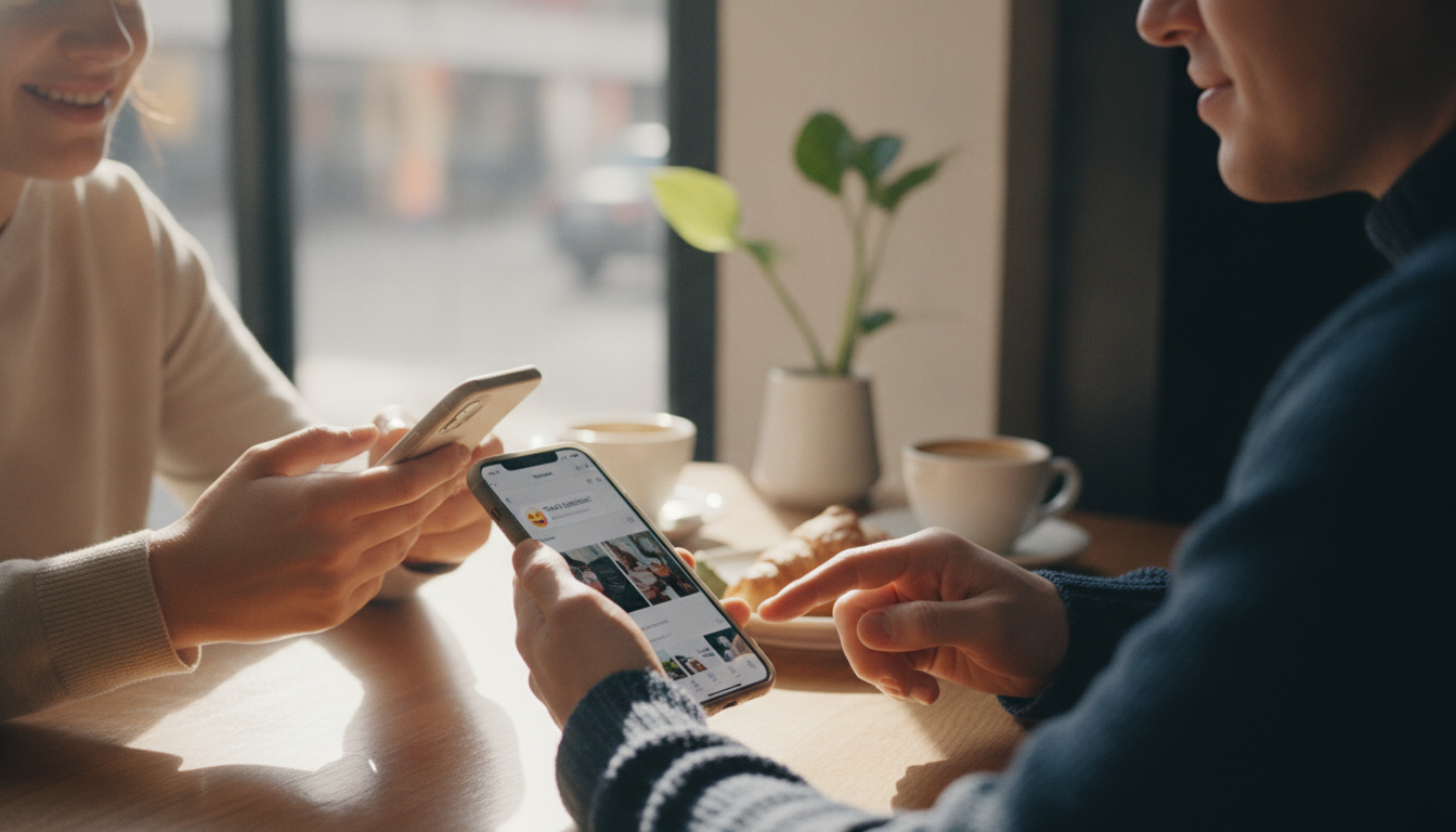 Zwei Männer tauschen lächelnd Nachrichten über eine Dating-App im Café aus