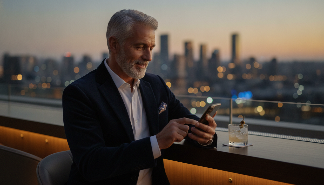 Eleganter älterer Mann tippt lächelnd eine Nachricht auf seinem Smartphone bei Sonnenuntergang