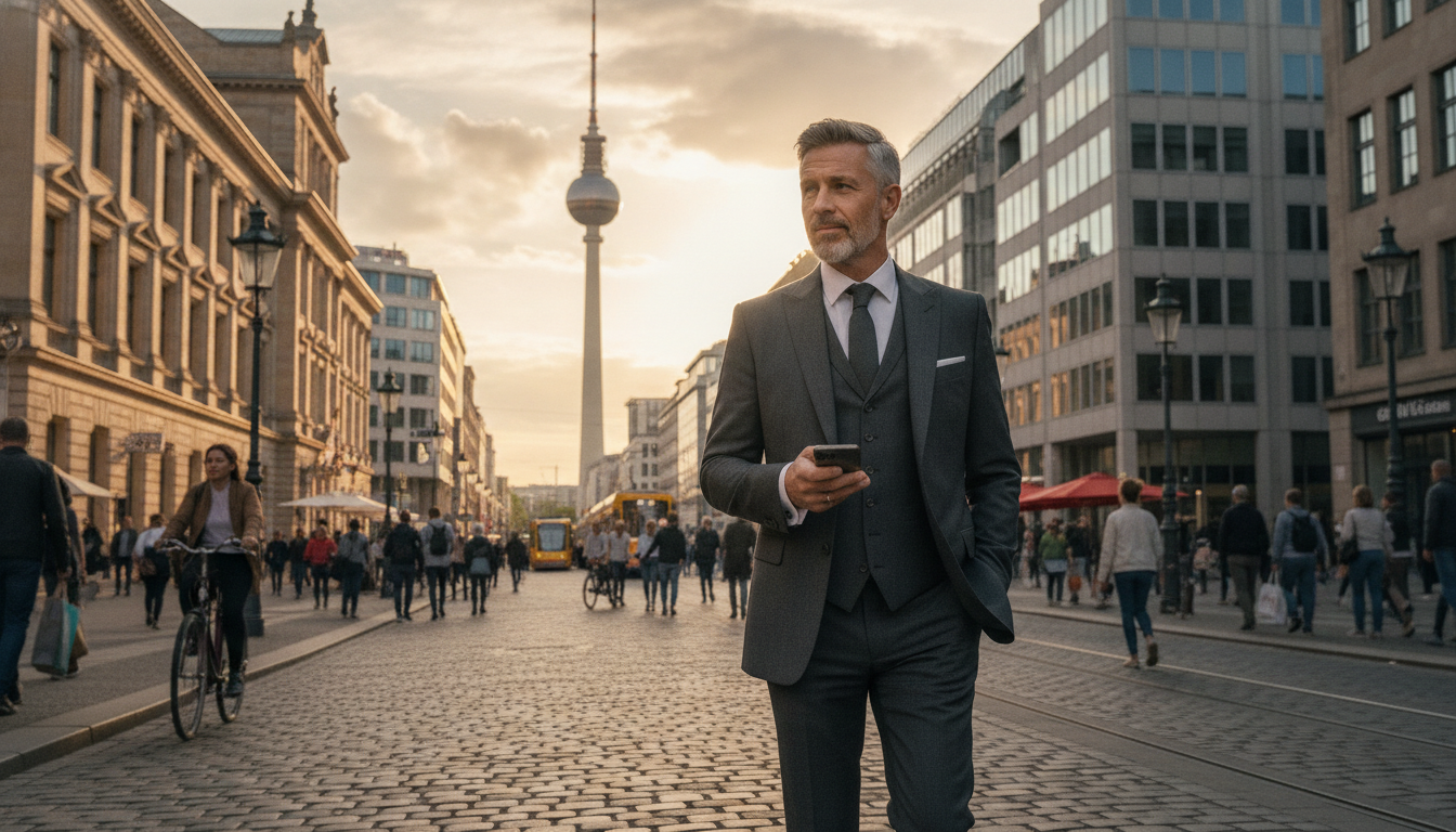 Uomo elegante passeggia con lo smartphone per una strada animata di Berlino al tramonto