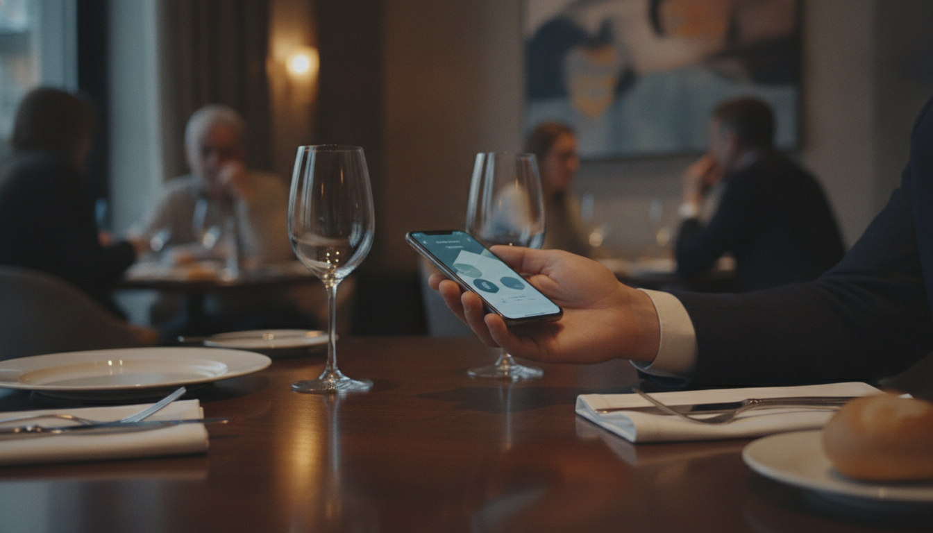 Mains échangeant un paiement discret via smartphone à table au restaurant