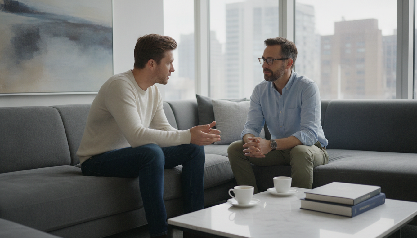 Deux hommes échangent sereinement sur les attentes financières dans leur salon