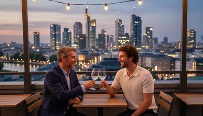 Due uomini brindano su una terrazza panoramica con lo skyline della città sullo sfondo