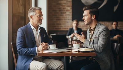 Deux hommes discutent calmement autour d'un café dans un cadre chic